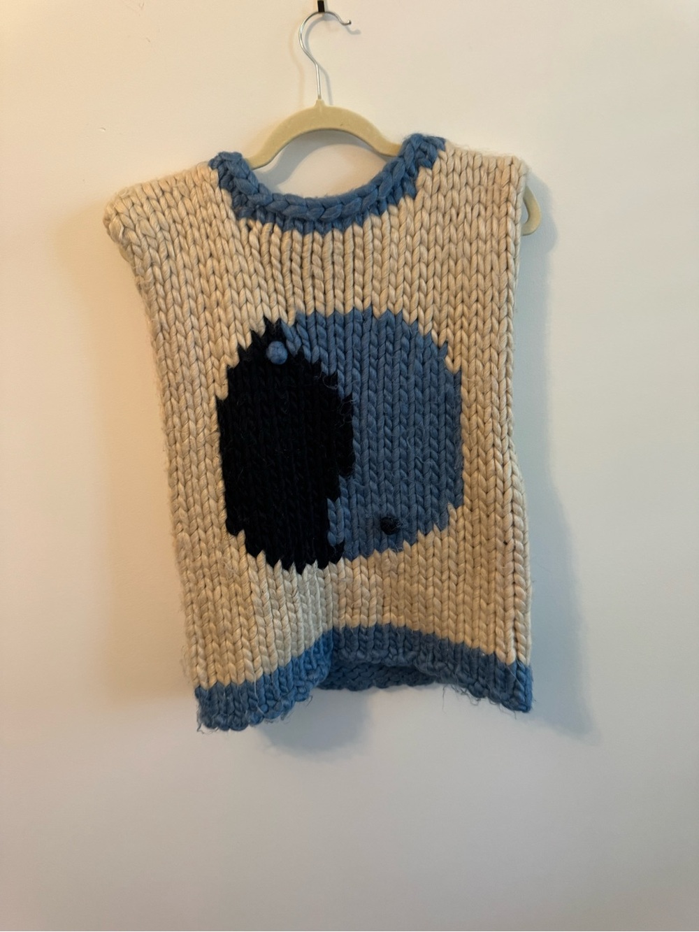 Chunky Hand-Knit Cream Sweater Vest with Blue Ying Yang